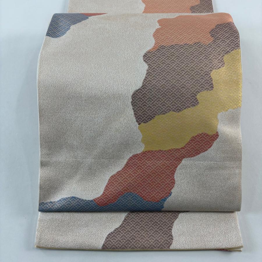 袋帯 秀品 織悦 落款あり 関西仕立て 道長取 幾何学 箔 クリーム 全通