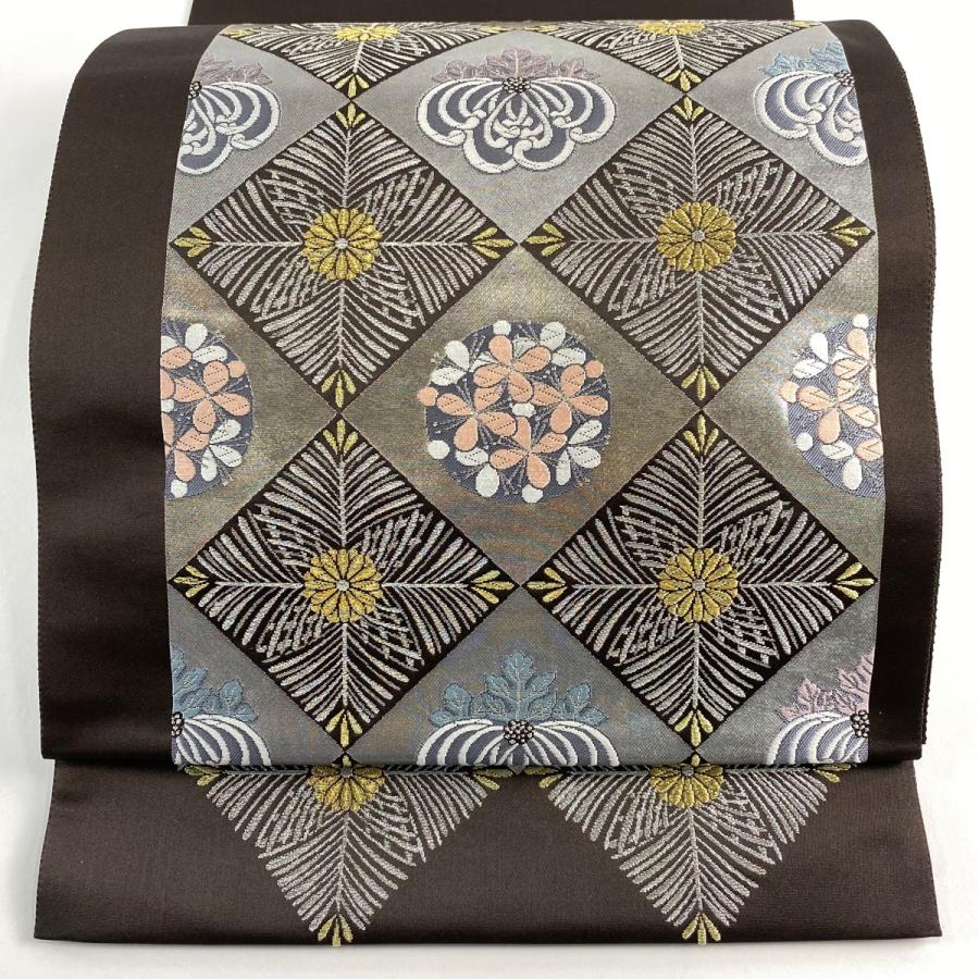 美品 袋帯 秀品 桐 若松菱 金銀糸 箔 焦茶色 六通 正絹 中古