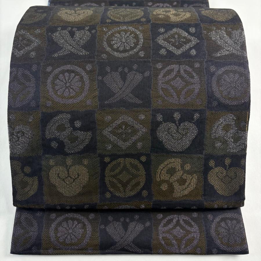 美品 袋帯 名品 光悦二重紗 プラチナ?撚金 変わり市松 宝尽くし 箔