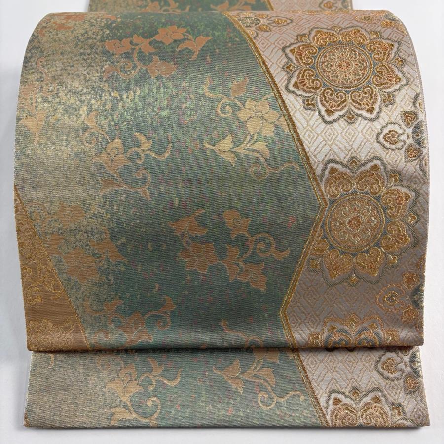 美品】 袋帯 名品 草花 花菱 金糸 薄緑 全通 正絹 【】 【公式通販】