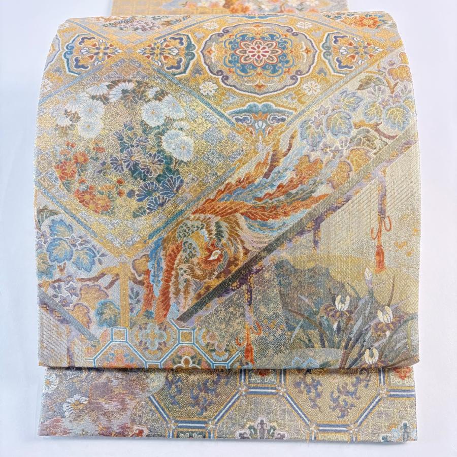 美品 袋帯 名品 リバーシブル 華文 花鳥 金糸 箔 銀色 お太鼓柄 正絹