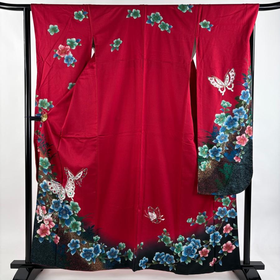 振袖 身丈160.5cm 裄丈65cm M 袷 蝶 桜 刺繍 金彩 赤 正絹 秀品 中古