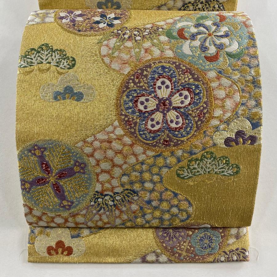 美品 袋帯 名品 振袖向き 松竹梅 流水 金糸 箔 金色 六通 正絹 中古