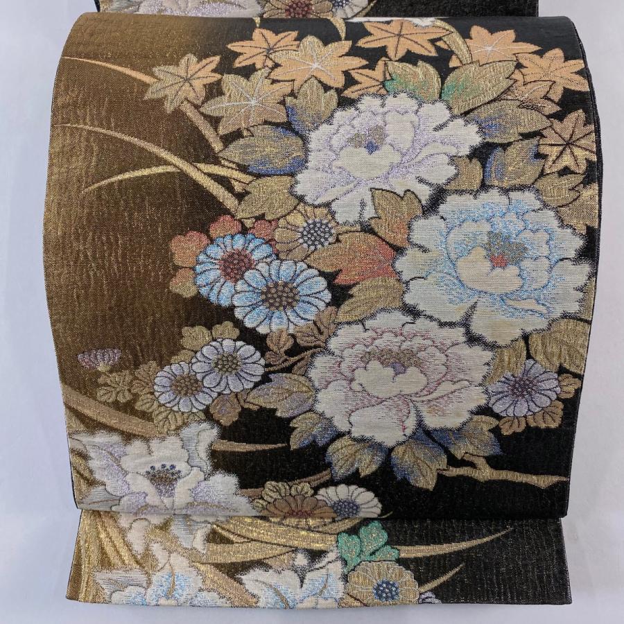袋帯 秀品 牡丹 蘭 ラメ 箔 金茶 六通 正絹 中古 : リユースセレクト 