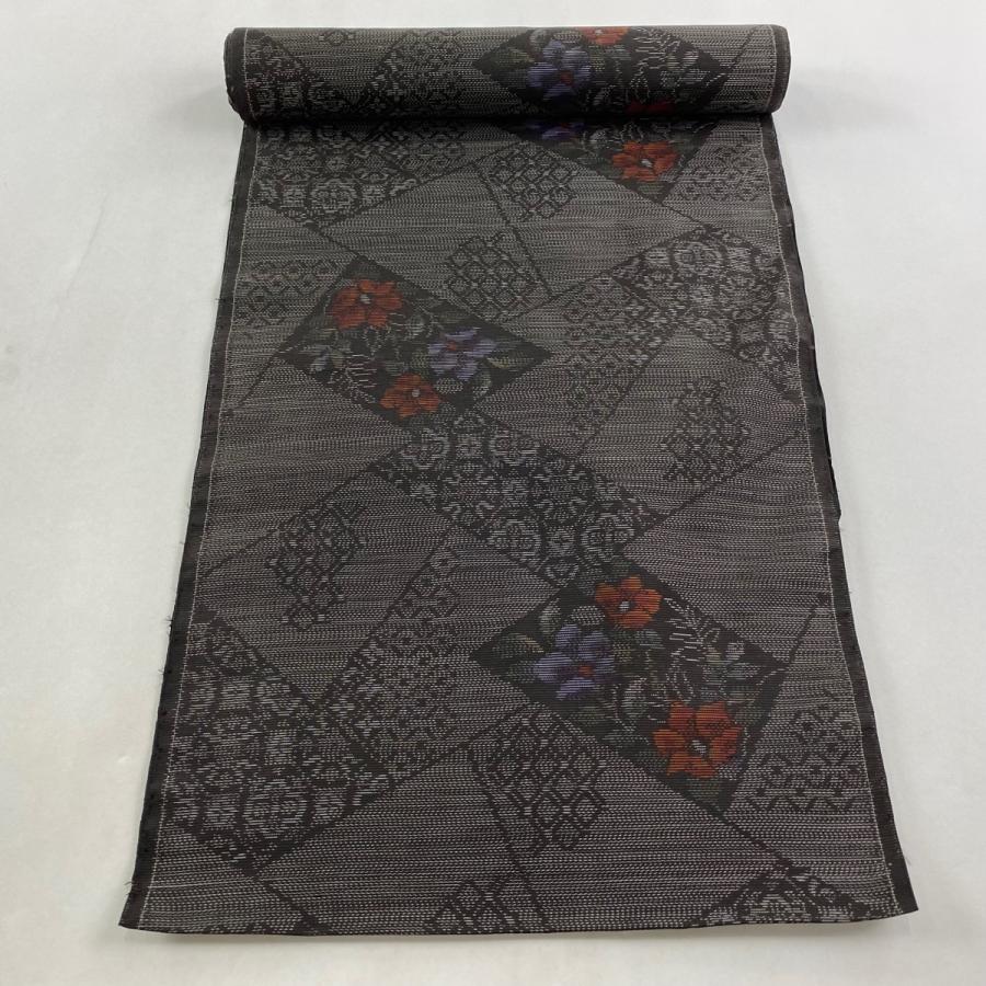 反物 秀品 大島紬 証紙 草花 斜め格子 焦茶色 正絹 中古 : リユース