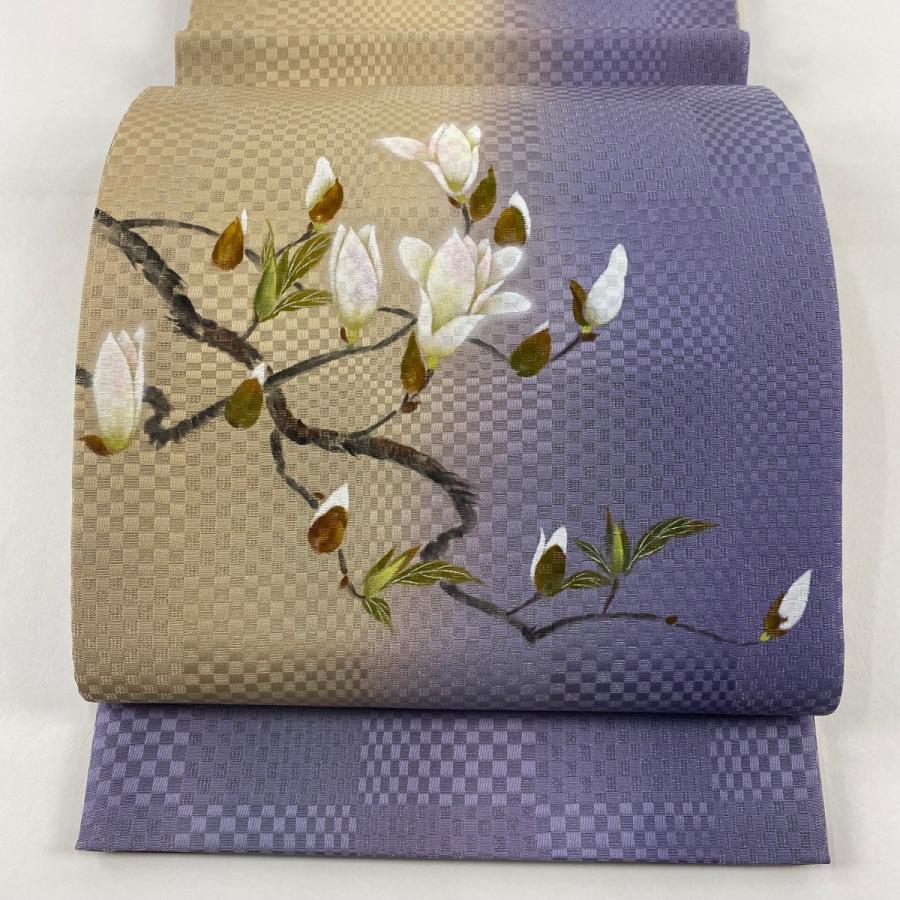 美品 袋帯 秀品 落款あり 枝花 銀糸 ぼかし 灰紫 お太鼓柄 正絹 中古