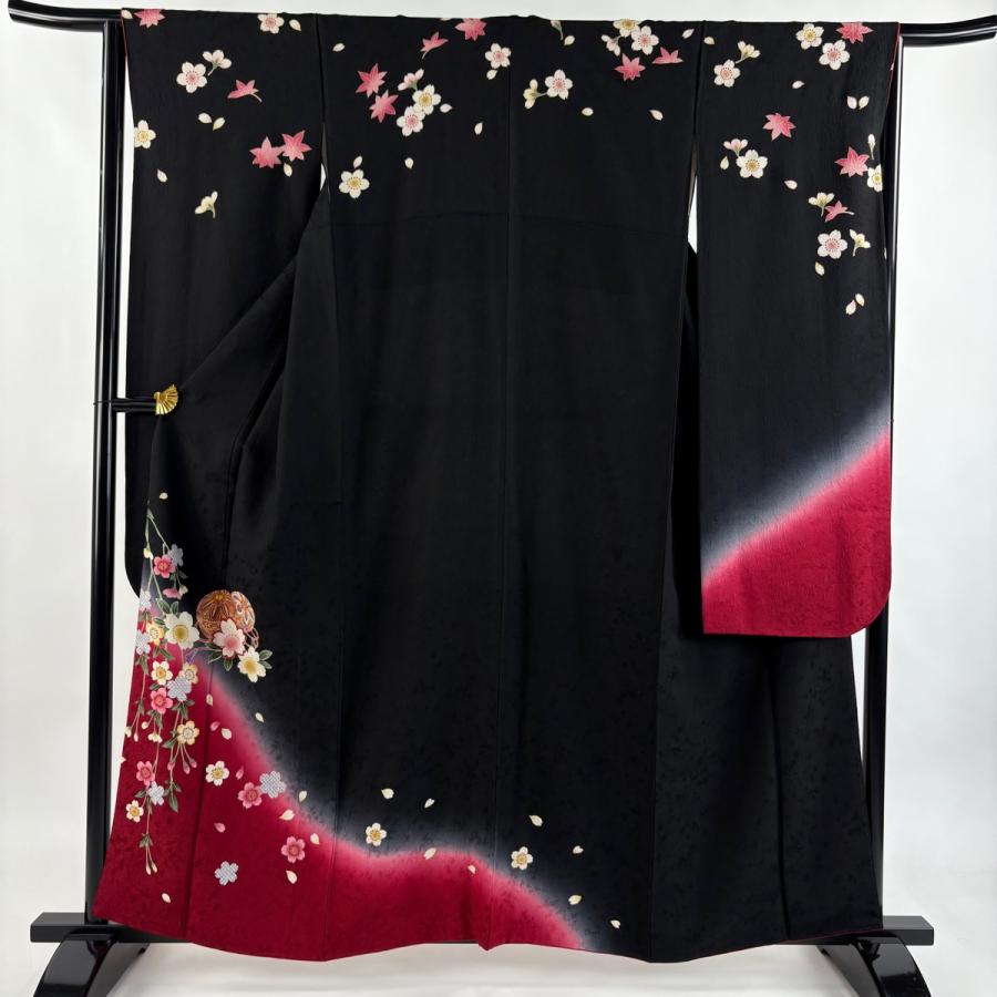 未使用近い　美品　袷　正絹　総絞り　振袖　フルセット　７点　身丈156 裄丈67 美品 振袖 身丈157cm 裄丈64cm M 袷 手鞠 桜 金彩 染め分け 黒 正絹 秀