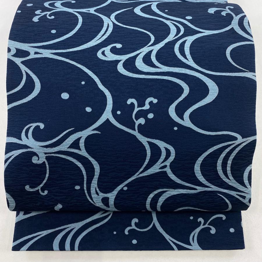 美品 袋帯 名品 流水 銀彩 紺色 全通 正絹 中古 : リユースセレクト