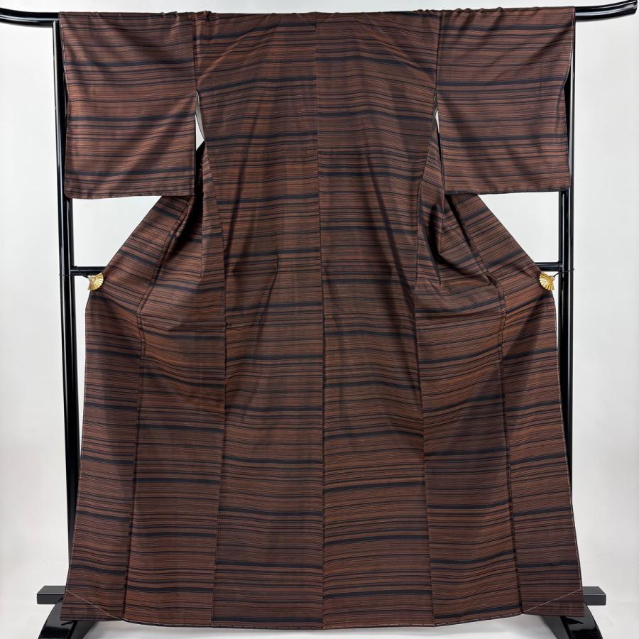 美品 大島紬 身丈166cm 裄丈67cm M 袷 証紙あり 縞 茶色 正絹 名品