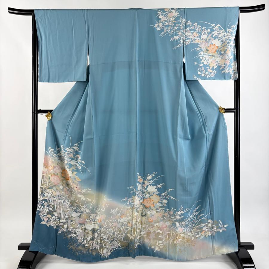 ［ 訪問着 ］袷　正絹　水色　薄い黄　ぼかし　梅　菊　箔　金　銀　作家物　松雨 ho-mi088_1.jpg