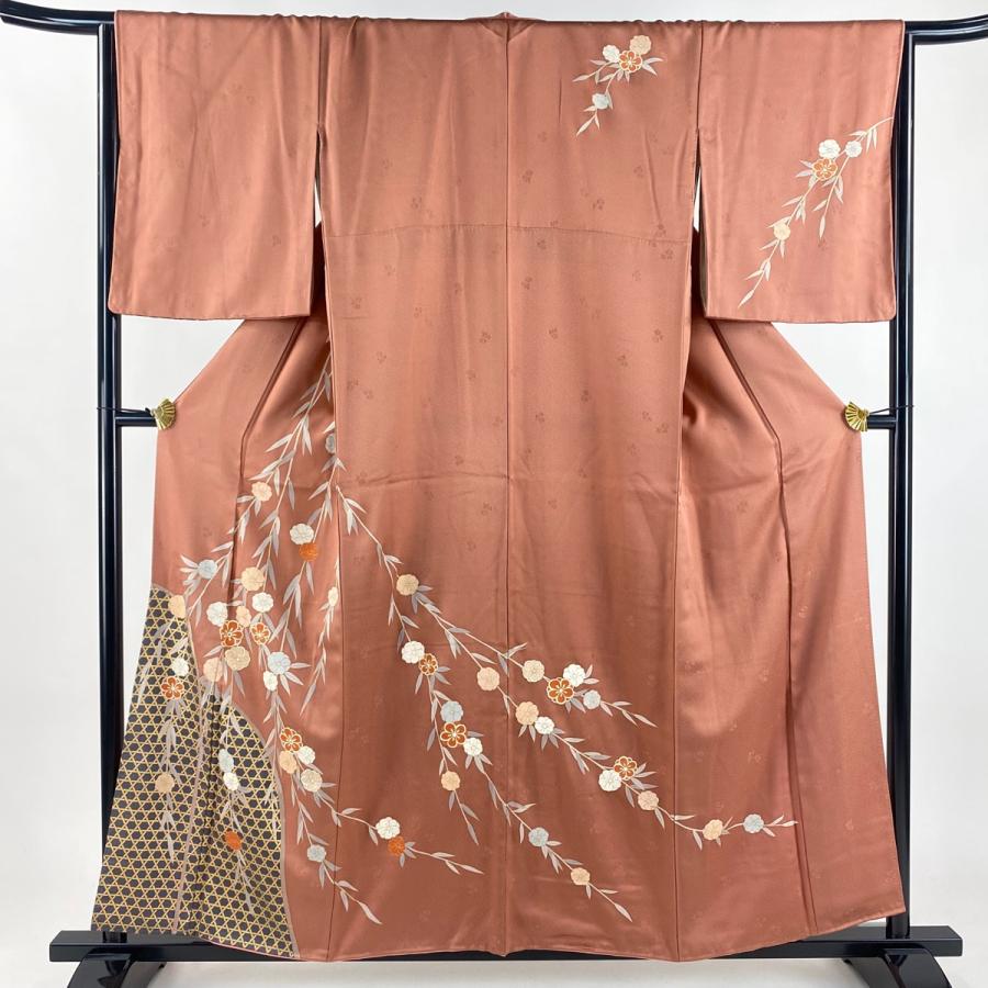 美品 訪問着 身丈157cm 裄丈66.5cm M 袷 枝垂れ桜 籠目 金彩 ピンク