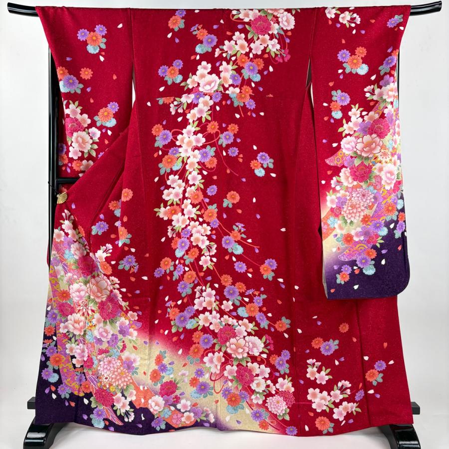 美品 振袖 身丈168cm 裄丈70.5cm L 袷 草花 熨斗 金通し 金彩 赤 正絹