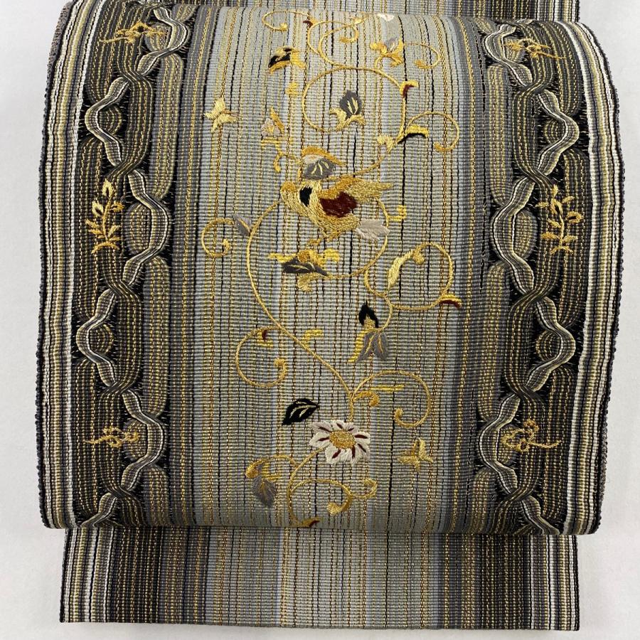 美品 袋帯 名品 花唐草 鳥 刺繍 箔 灰色 お太鼓柄 正絹 中古