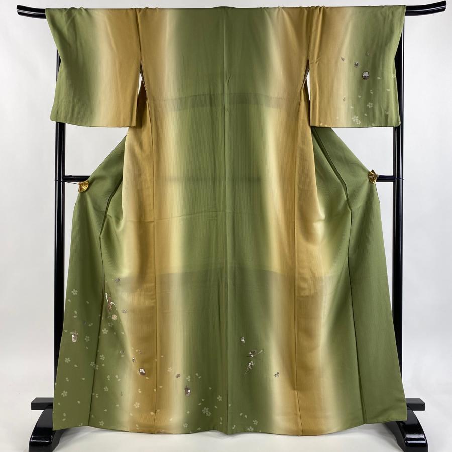 付下げ 身丈167cm 裄丈70cm L 袷 玩具 桜 刺繍 染め分け 抹茶色 正絹