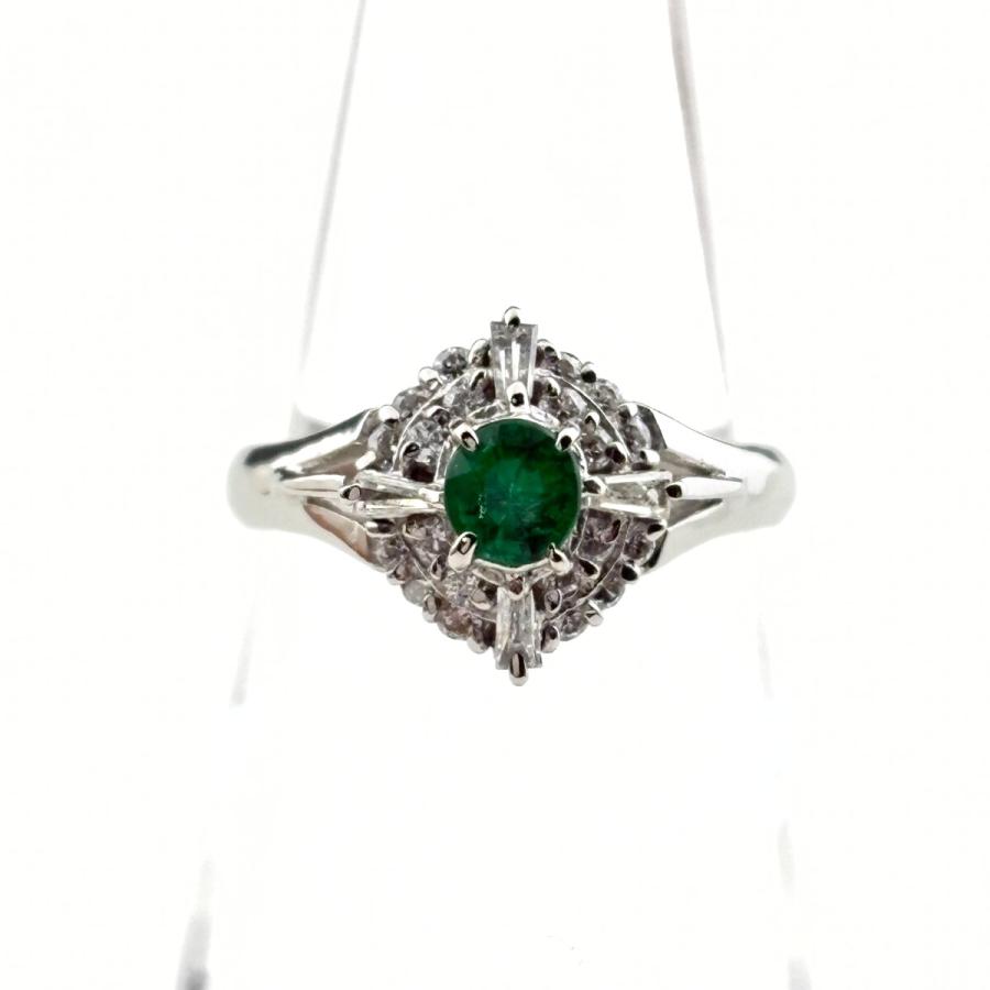 エメラルド デザインリング プラチナ 指輪 メレダイヤ リング 9.5号