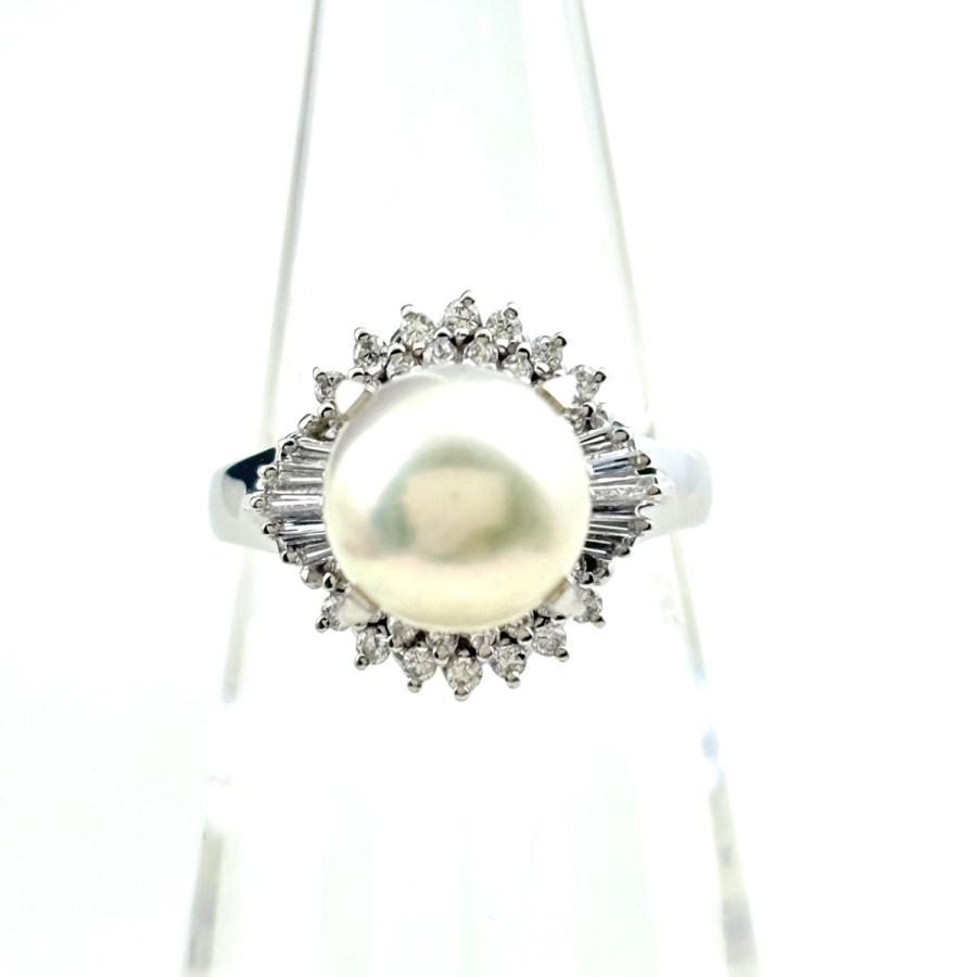 パール デザインリング プラチナ 指輪 メレダイヤ 真珠 リング 9号