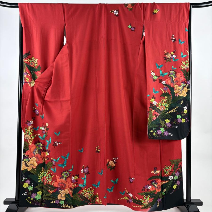 振袖セット 成人式 正絹 裄68.5cm Lサイズ　5点セット　赤　S-176 美品 振袖 身丈159.5cm 裄丈68.5cm L 袷 蝶 草花 箔 金彩 赤 正絹 秀品