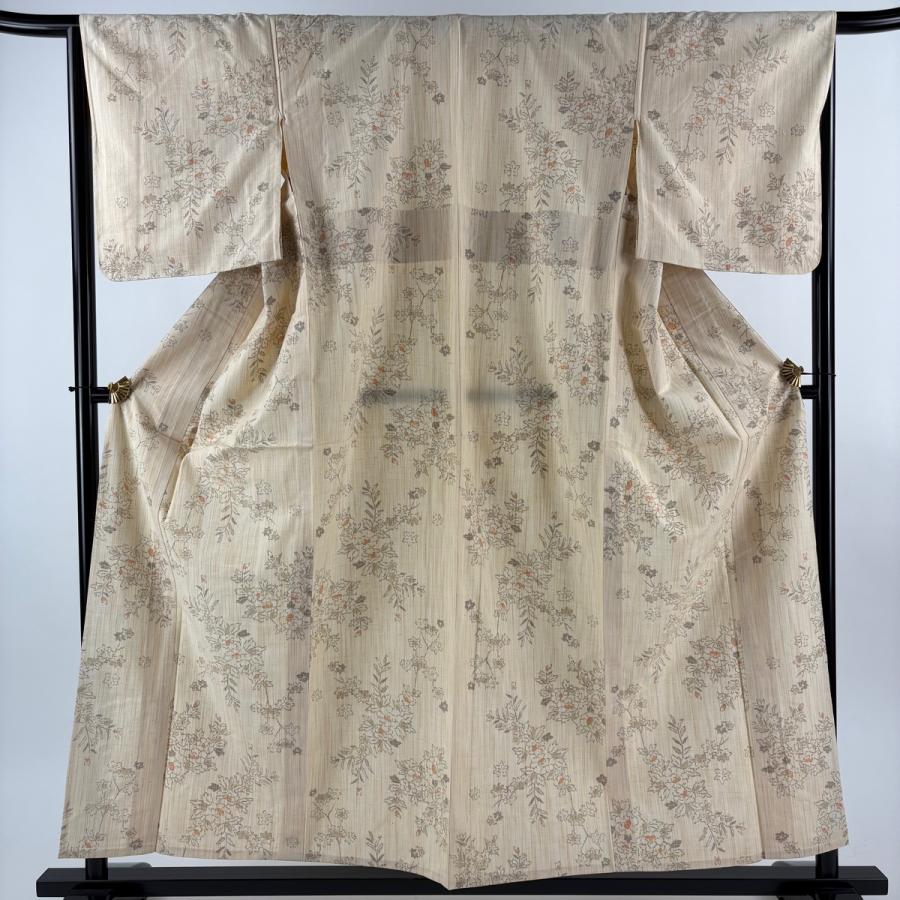 美品 紬 身丈157cm 裄丈65cm M 単衣 証紙あり 草花 ベージュ 正絹 秀品