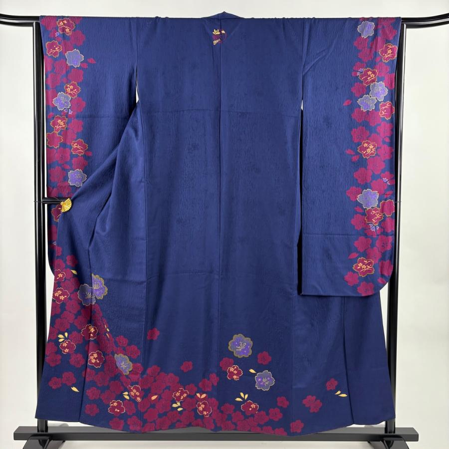 振袖 身丈156cm 裄丈64.5cm M 袷 桜 花びら 金彩 紺色 正絹 秀品 三つ