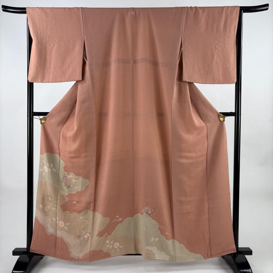 訪問着 身丈160cm 裄丈65.5cm M 袷 草花 雲文 刺繍 絞り 薄ピンク 正絹