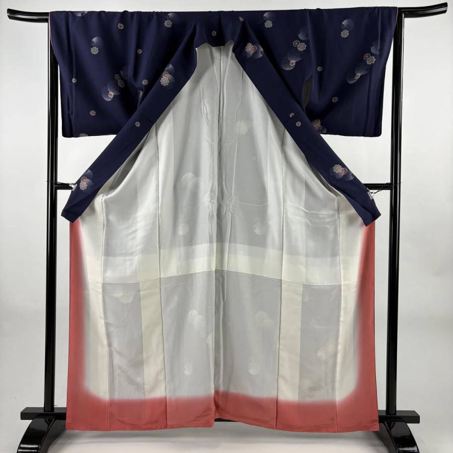 美品 小紋 身丈162.5cm 裄丈64.5cm M 袷 花 丸文 紺色 正絹 秀品 中古