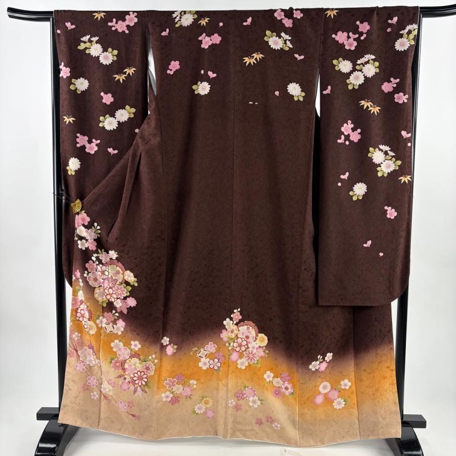振袖 身丈163.5cm 裄丈66.5cm M 袷 雪輪 桜 金彩 箔 茶色 正絹 秀品