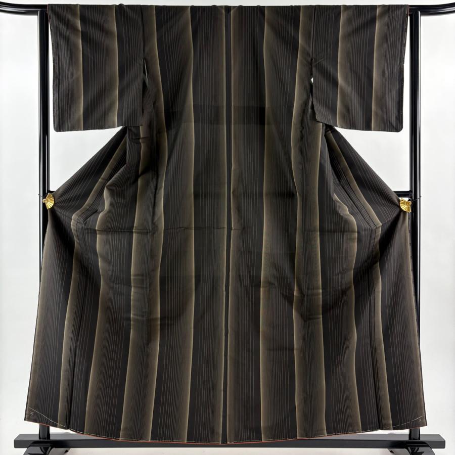 美品 紬 身丈159cm 裄丈63cm S 袷 アンサンブル 縦縞 焦茶色 正絹 秀品