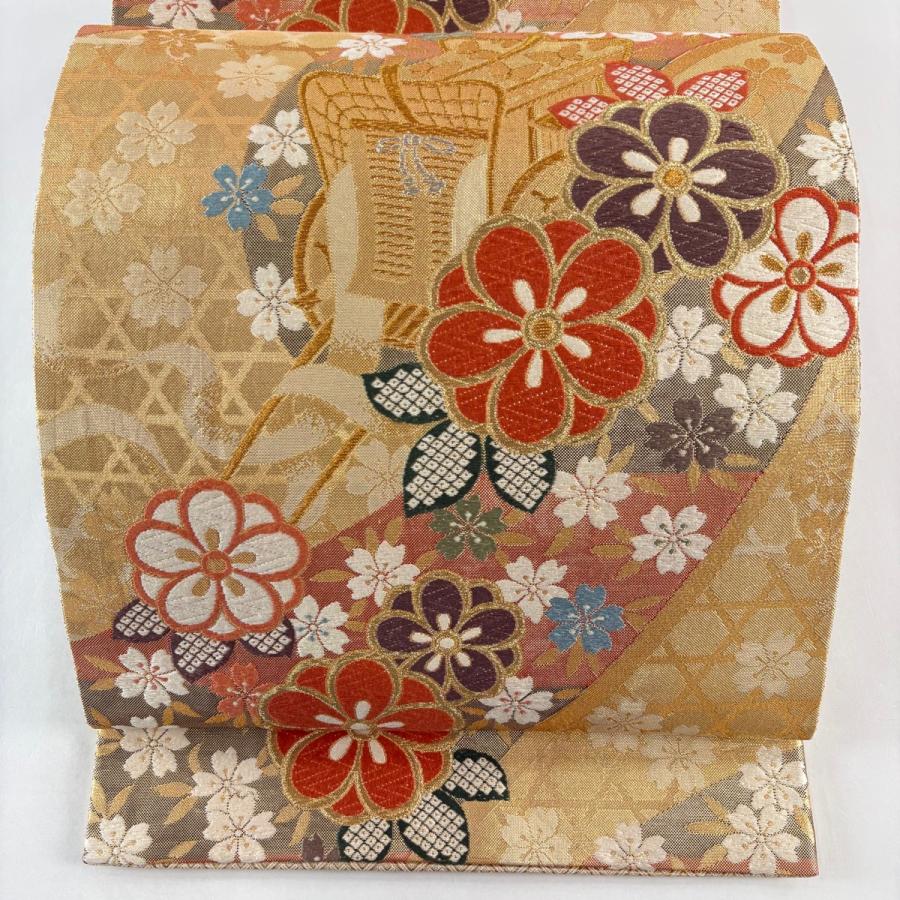 袋帯 秀品 御所車 梅 金銀糸 唐織 金色 六通 正絹 中古 : リユース