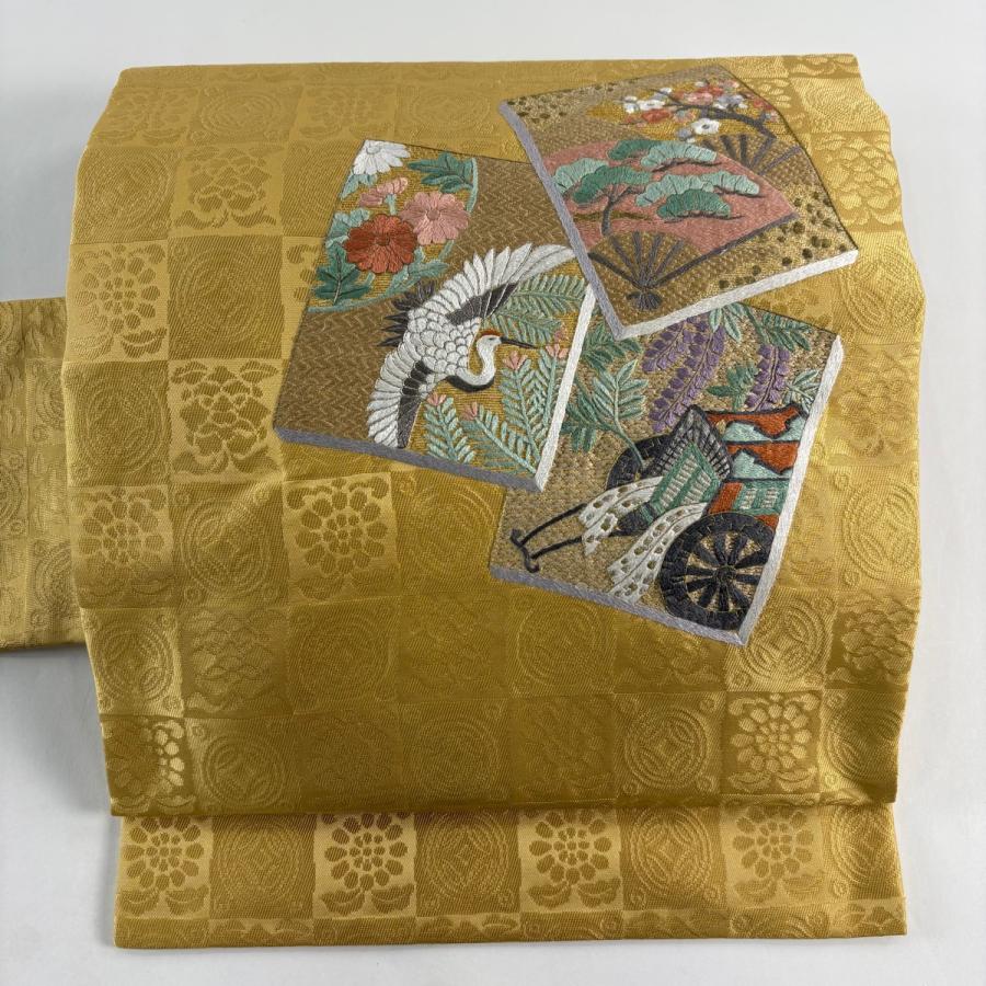 名古屋帯 秀品 扇 鶴 刺繍 金糸 ベージュ 正絹 中古 : リユース