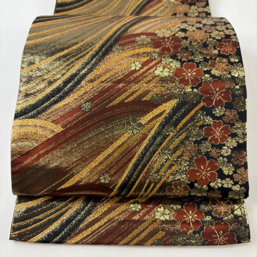 袋帯 秀品 六通 正絹 【中古】 美品 袋帯 秀品 草花 段縞 箔