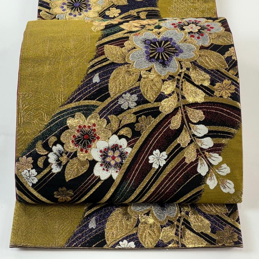 袋帯 秀品 桜 波 金銀糸 箔 黄土色 六通 正絹 中古 : リユースセレクト