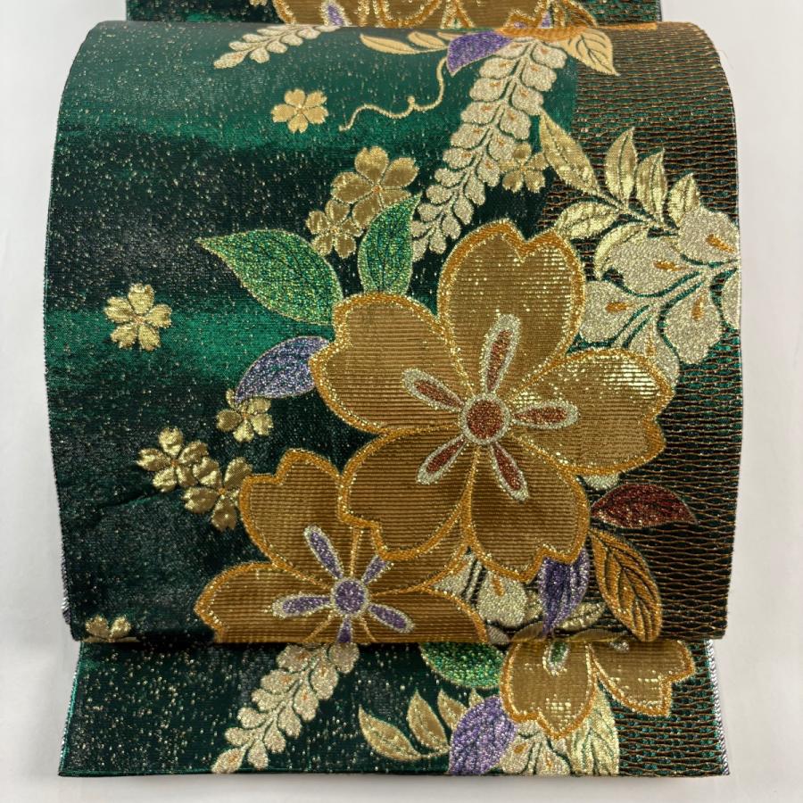 袋帯 秀品 振袖向き 桜 藤 金糸 箔 緑 六通 正絹 中古 : リユース