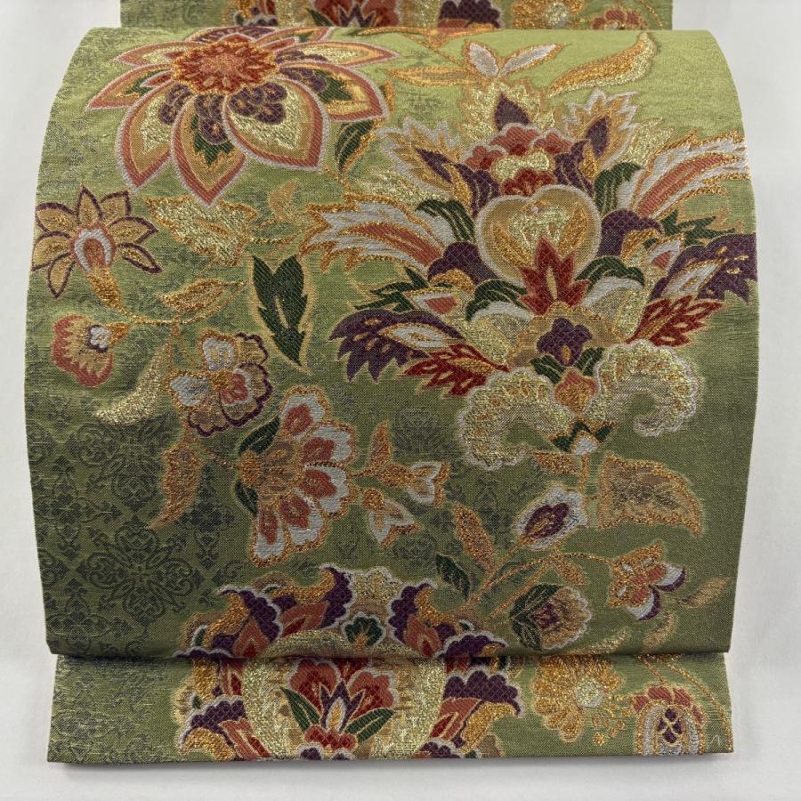 美品 袋帯 秀品 草花 花唐草 箔 金糸 よもぎ色 六通 正絹 中古