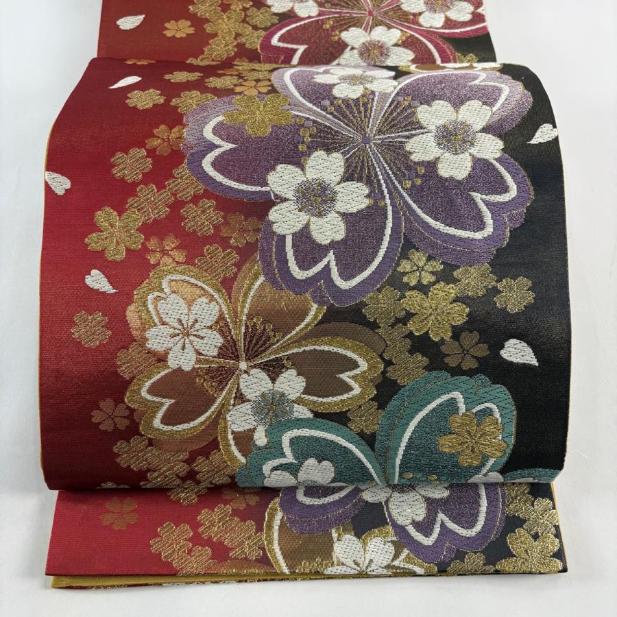袋帯 秀品 証紙あり 振袖向き 桜 金糸 箔 赤 六通 正絹 中古