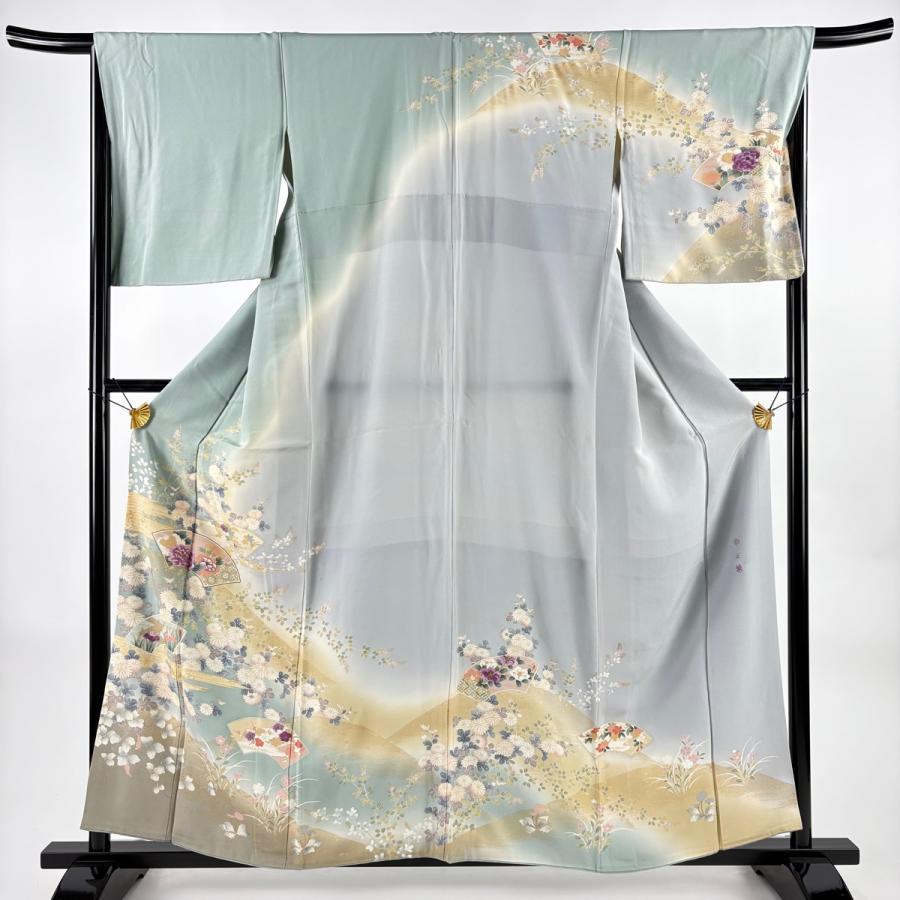 訪問着 身丈159cm 裄丈68cm L 袷 帝王紫 落款あり 扇面 草花 刺繍 金彩