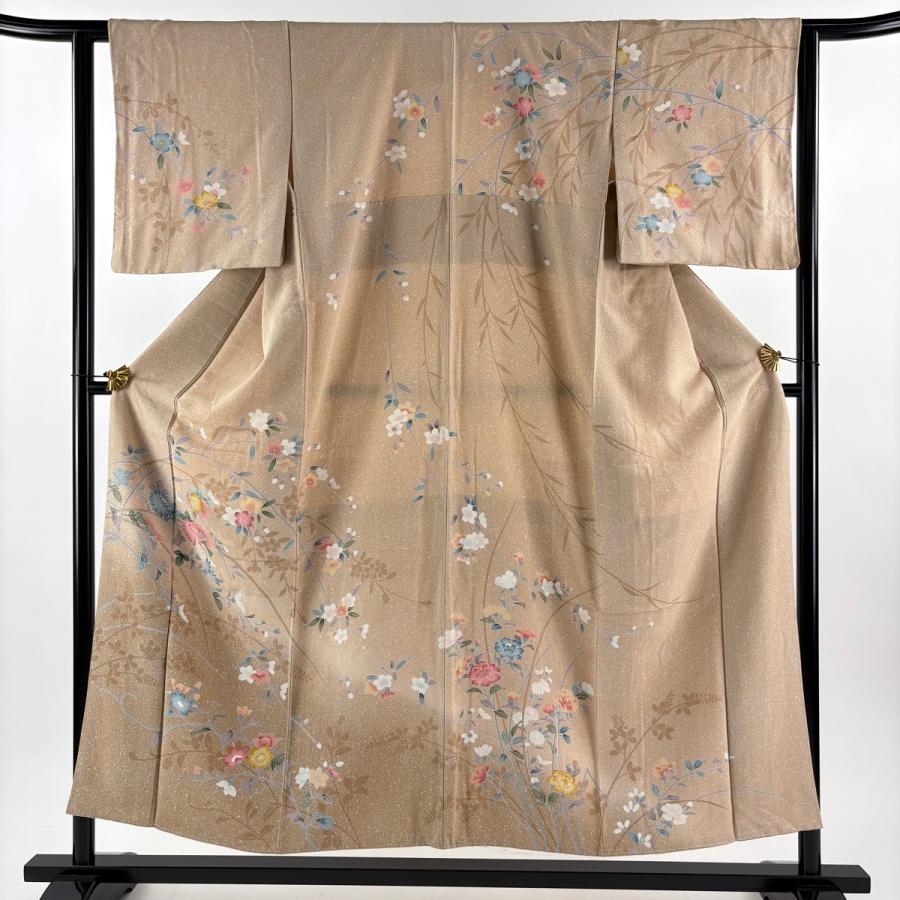 美品 訪問着 身丈152cm 裄丈62.5cm S 袷 菊 枝垂れ桜 薄茶色 正絹 名品