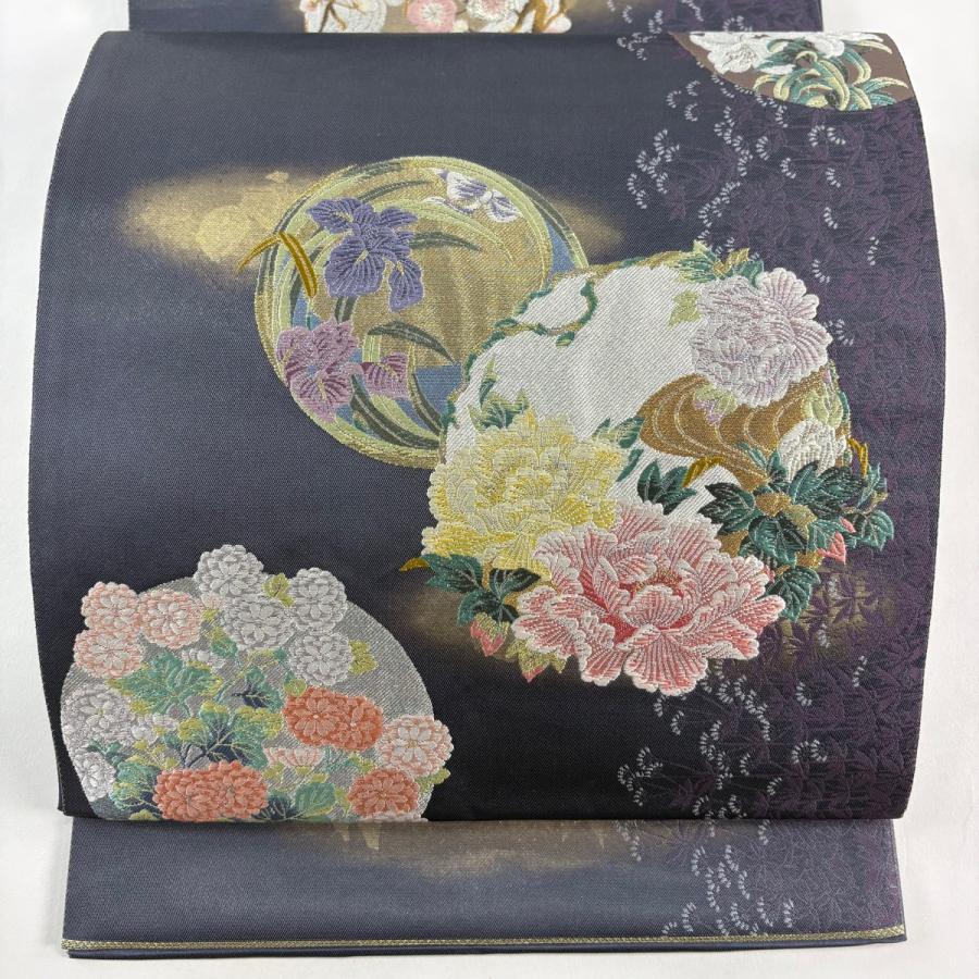 袋帯 名品 花丸文 霞 箔 金銀糸 青紫 六通 正絹 中古 : リユース