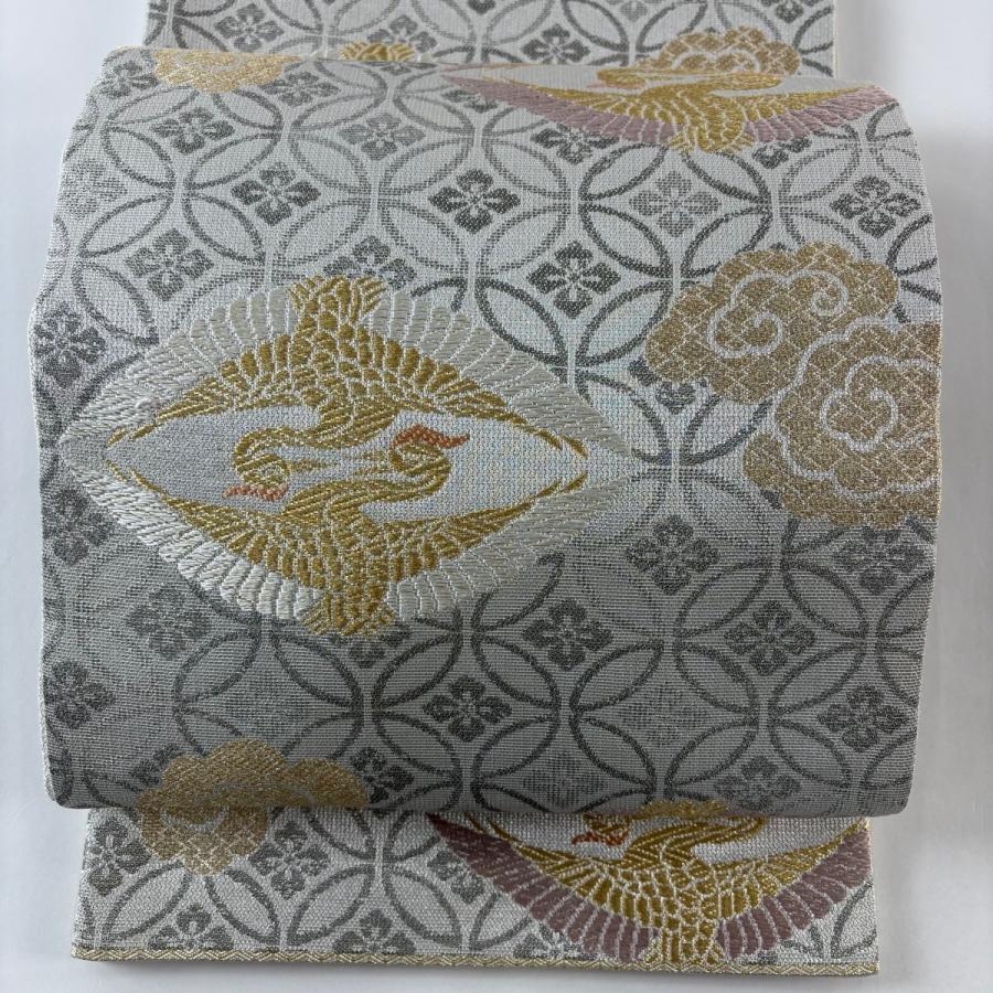 美品　袋帯　 網目模様　正絹　シルバー 美品 袋帯 網目模様 正絹 シルバー