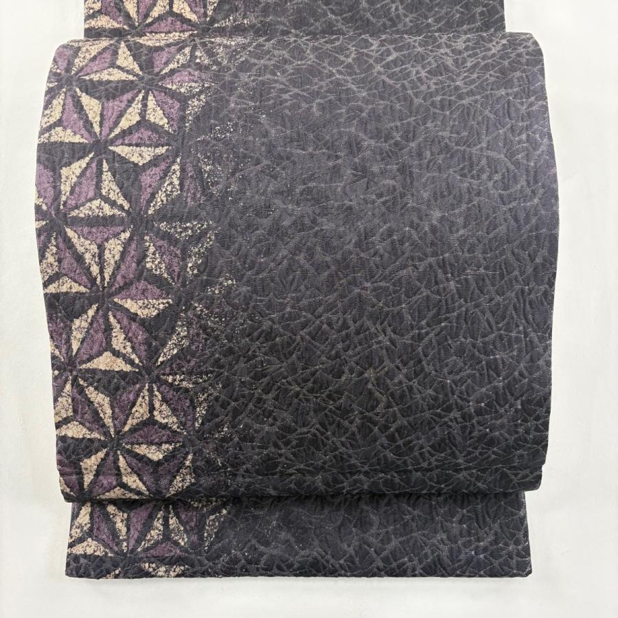 美品 袋帯 名品 麻の葉 幾何学模様 銀通し 濃紫 全通 正絹 中古