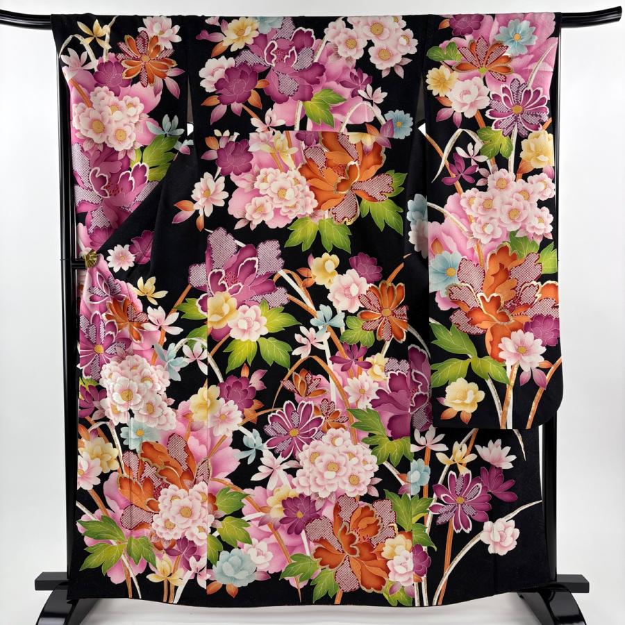 美品 振袖 身丈163cm 裄丈67cm M 袷 やまと 桜 草花 刺繍 銀通し 黒
