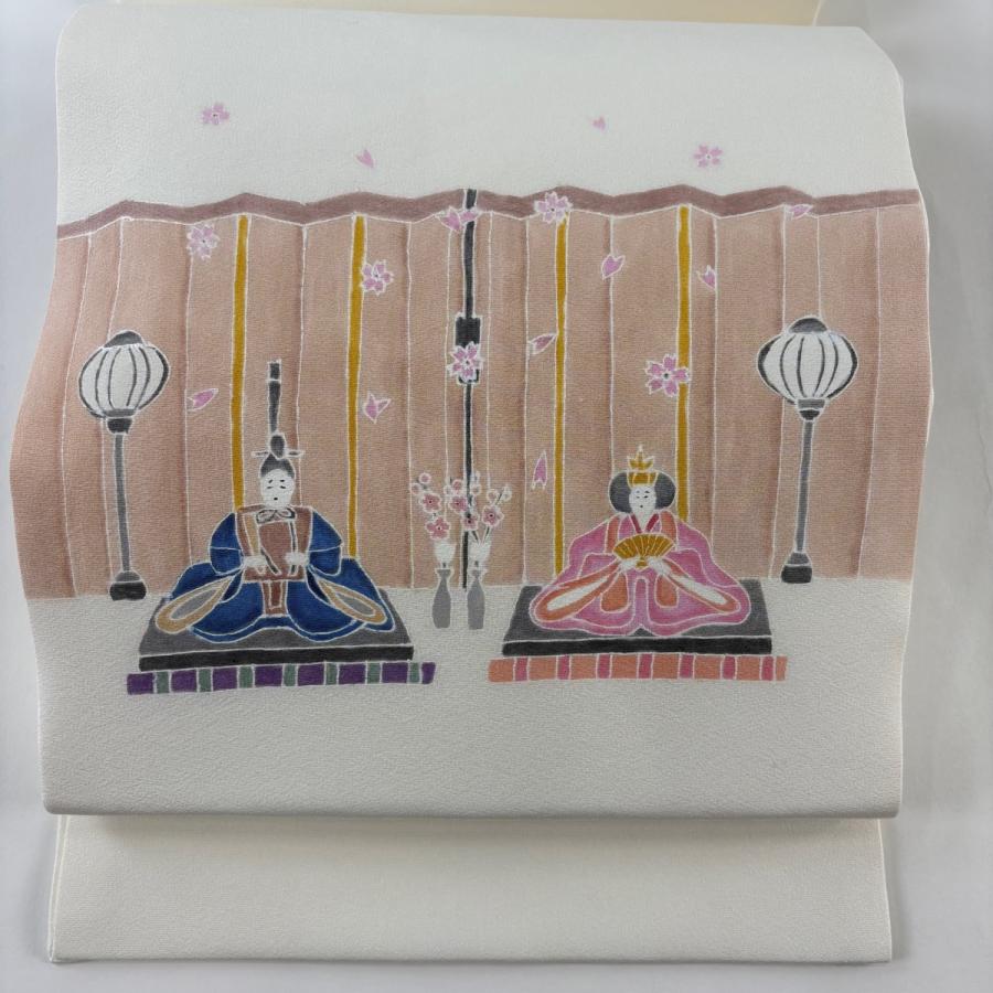 美品 開き名古屋帯 逸品 落款あり お雛様 桜 白 正絹 中古 : リユース