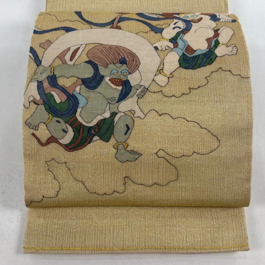 袋帯 逸品 夏帯 紬地 風神雷神 雲文 金通し 金糸 金色 お太鼓柄 正絹