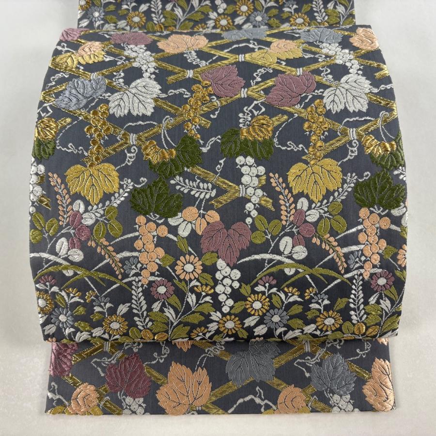 袋帯 逸品 落款あり 山口克爾 竹垣春秋文 金糸 刺繍 灰色 お太鼓柄