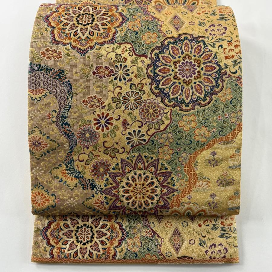 美品 袋帯 逸品 王朝道長華文 花唐草 箔 金色 六通 正絹 中古