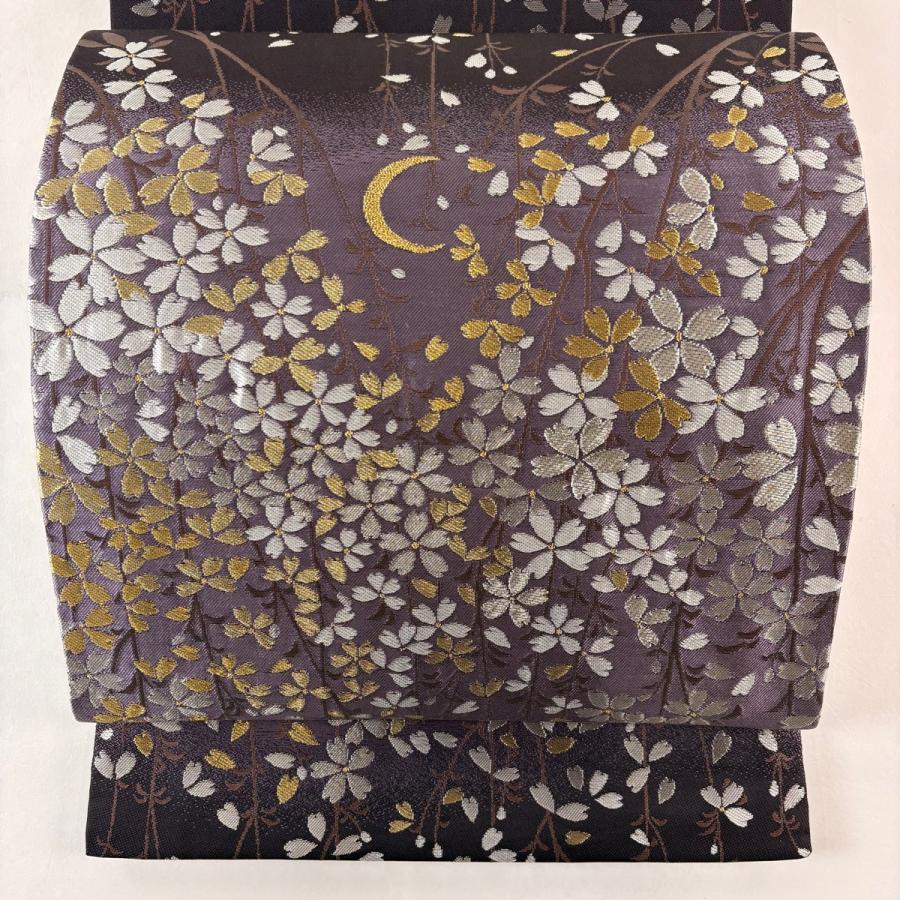 美品 袋帯 逸品 誉田屋源兵衛 落款あり 枝垂れ桜 三日月 金銀糸 濃紫