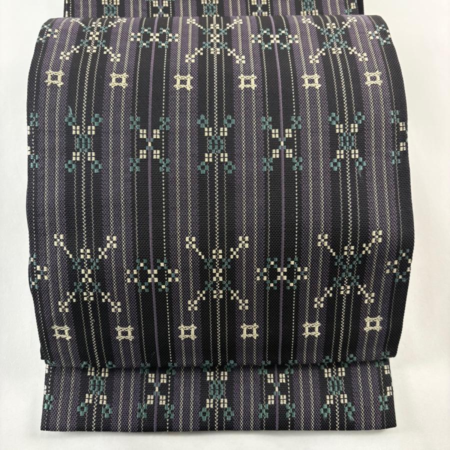 美品 袋帯 名品 縞 幾何学模様 紫 六通 正絹 中古 : リユース