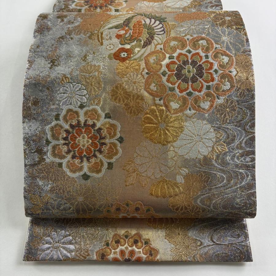 美品 袋帯 秀品 菊華文に流水 唐織 箔 銀色 全通 正絹 中古 : リユース 