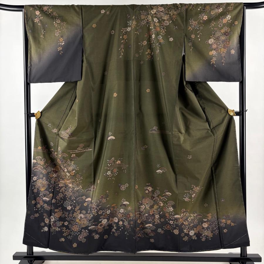 訪問着 身丈156cm 裄丈65.5cm M 袷 紬地 花鳥 ヱ霞 茶緑色 正絹 秀品