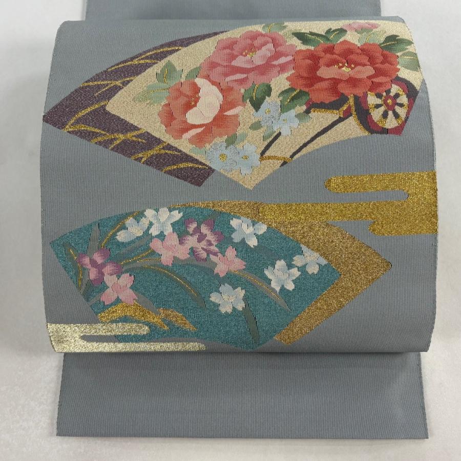 名古屋帯 秀品 八寸名古屋帯 松葉仕立て 花車 扇面 金銀糸 青灰色 正絹