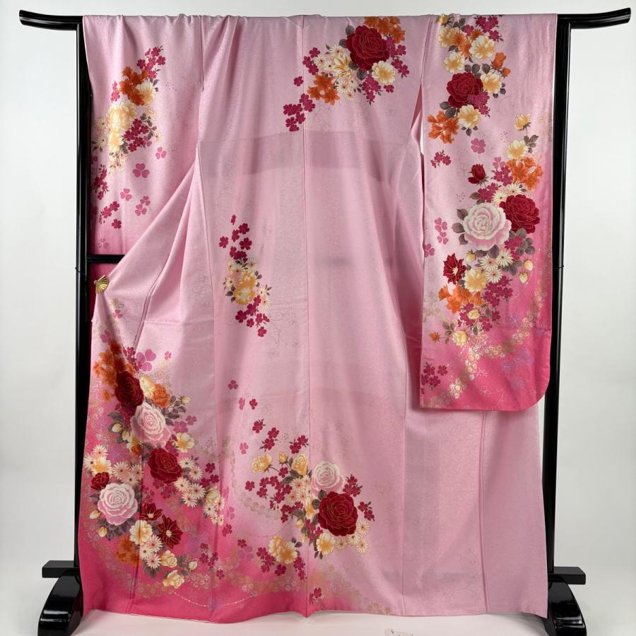 美品　振袖　正絹　綸子　薄ピンク 美品 振袖 身丈168.5cm 裄丈71cm L 袷 薔薇 桜 銀通し 金銀彩 ピンク